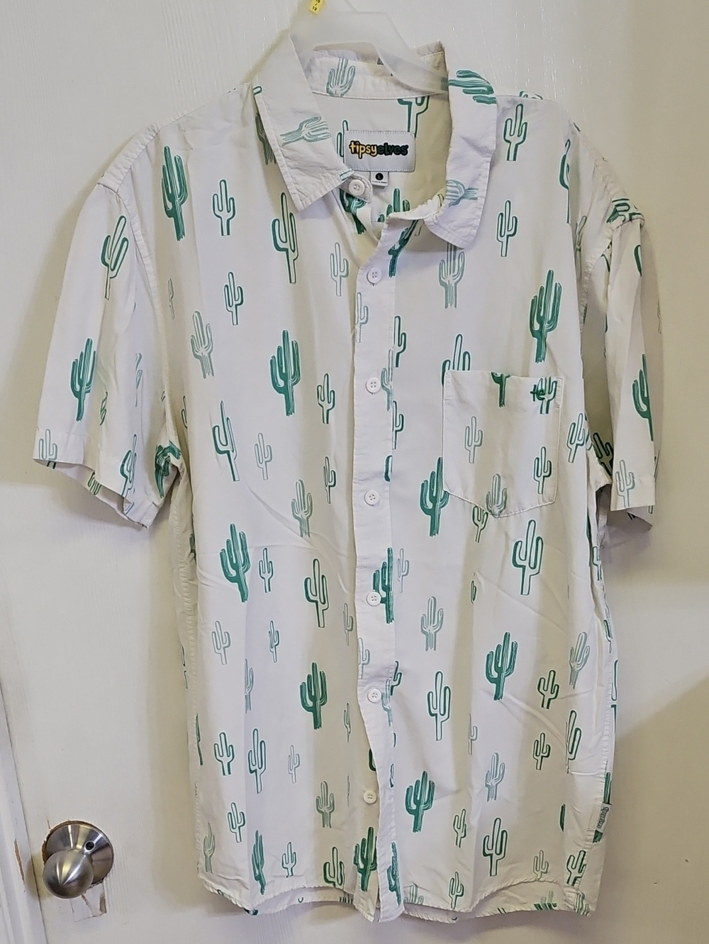 Tipsy Elves White Short-Sleeve Cactus Print Button-Up Shirt